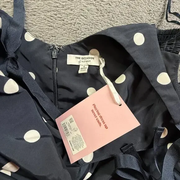 Old Navy S Petite Womens Polka Dot Dress Blue White Tie Shoulder Summer Short - Picture 3 of 7